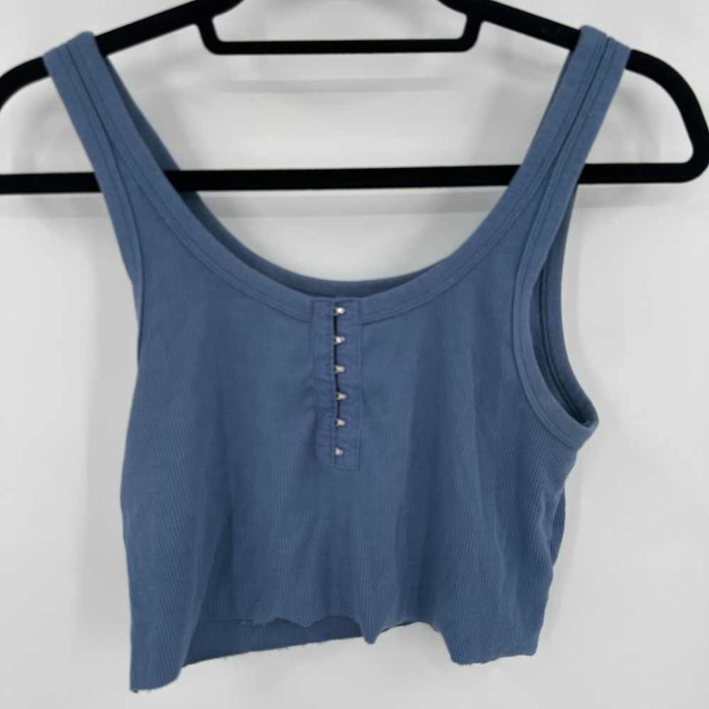 Aerie Tank Top Women's M Blue Cropped Ribbed Knit Wide Strap Scoop Neck Pullover